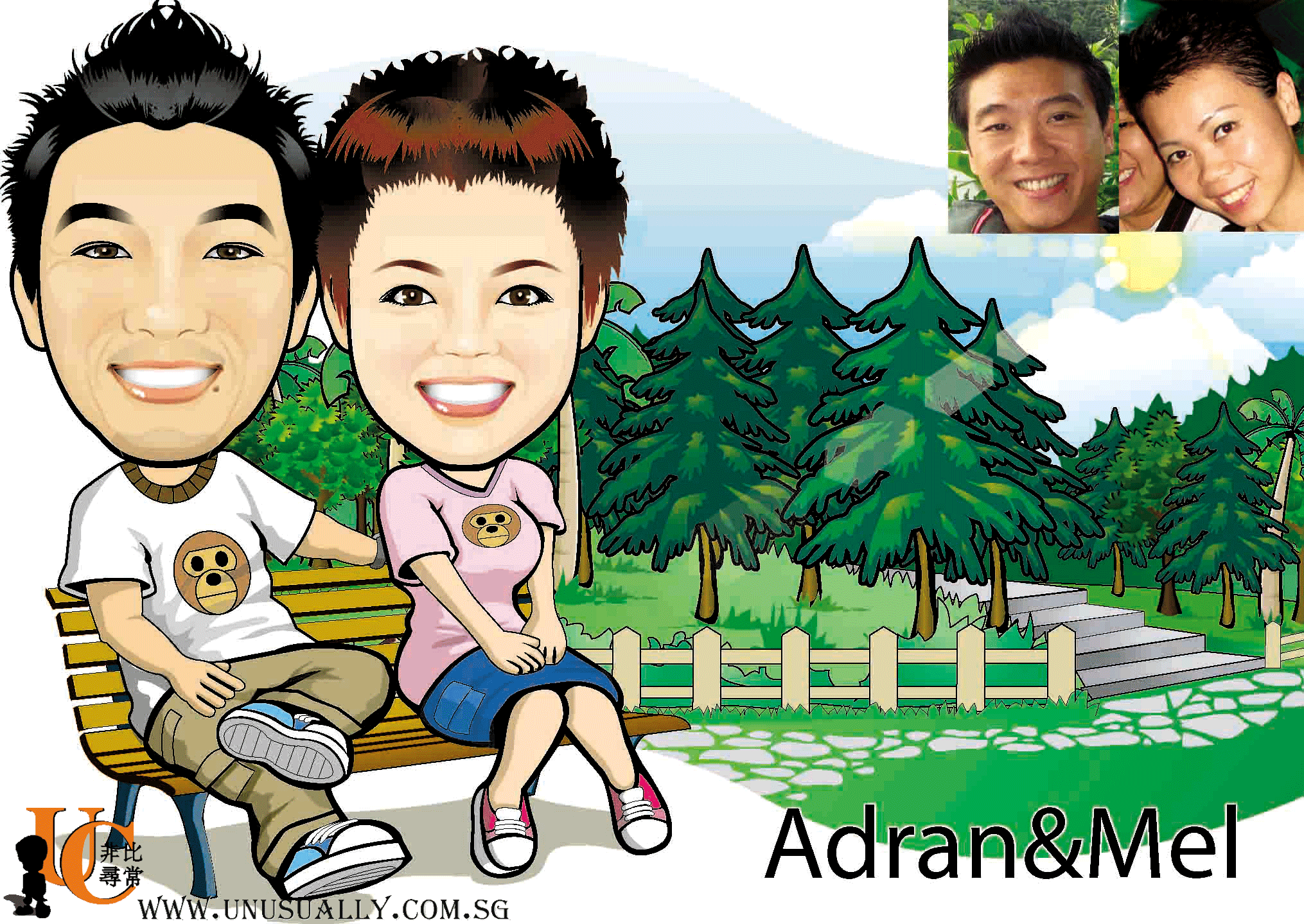 Customized Sweet Garden Couple Theme Caricature Drawing